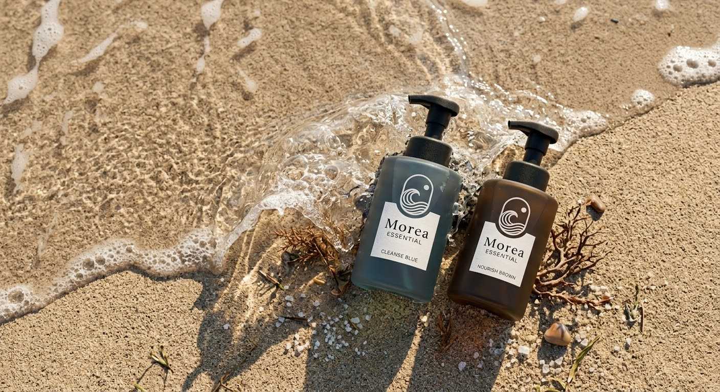 Morea Essential Cleanse Blue and Nourish Brown bottles on the shoreline